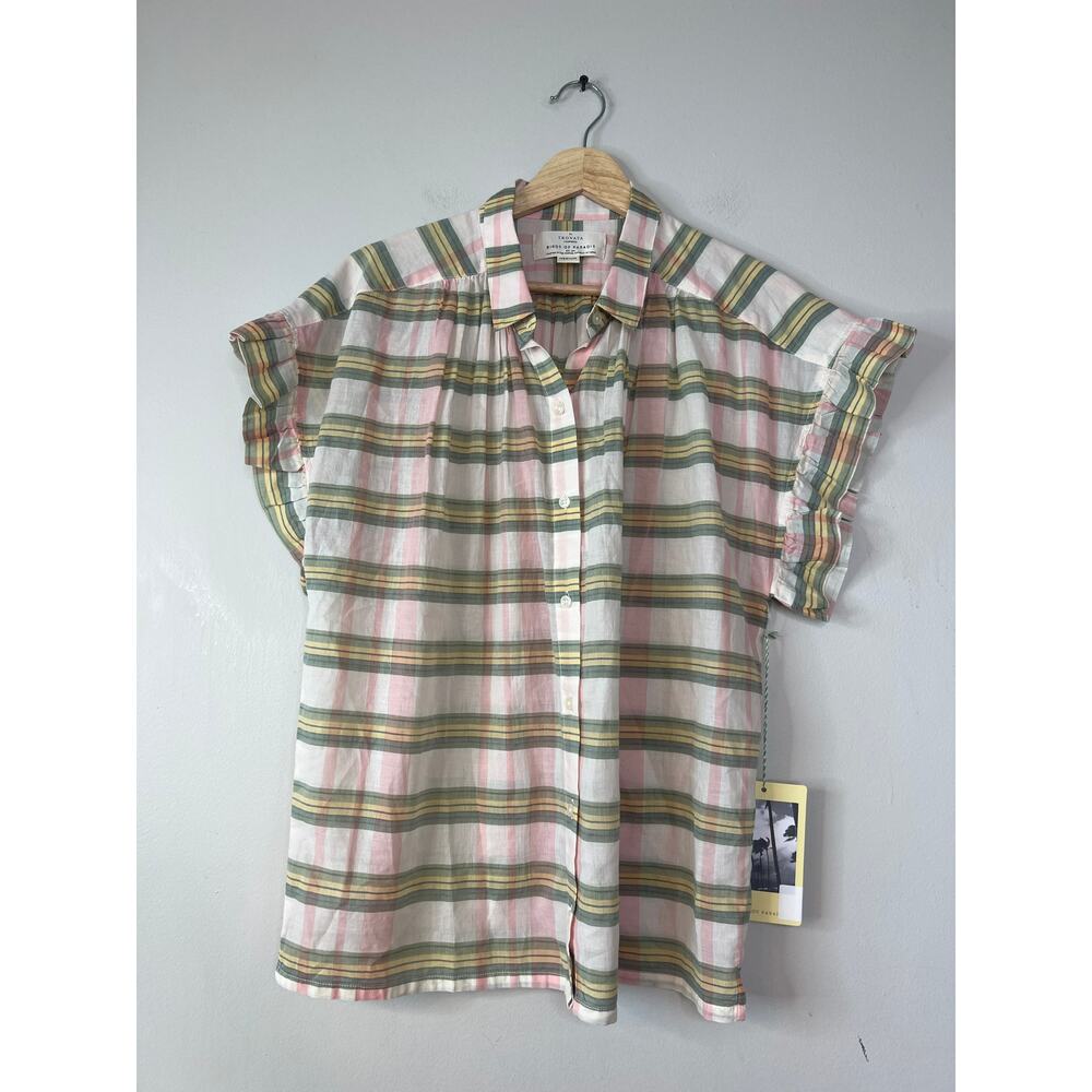 NWT Birds of Paradis Marianne B Ruffle Sleeve Top in Pomela Plaid Green & Pink - Picture 2 of 10